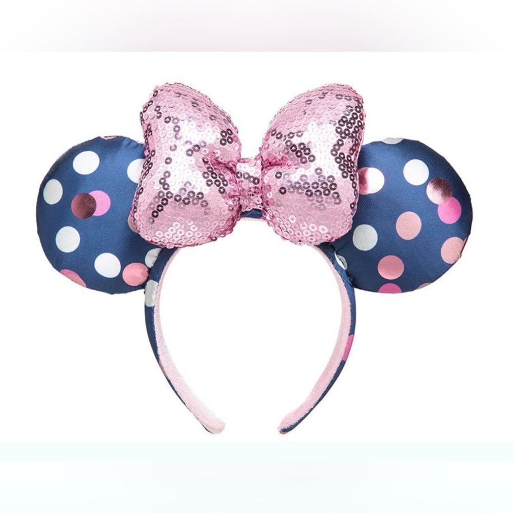 Disney Parks Navy Polka Dots Pink Sequin Bow Minnie Mouse Ears Headband